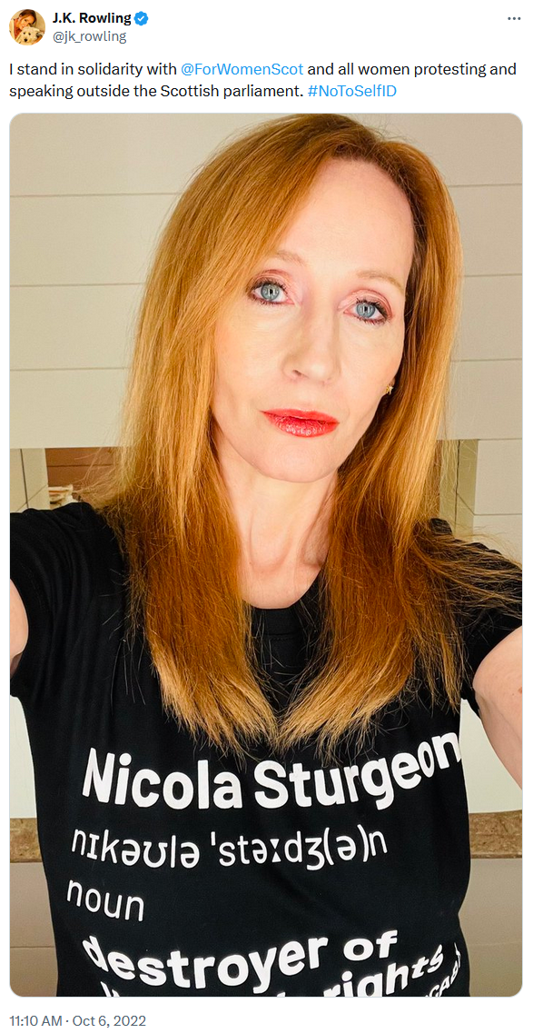 JK Rowling Tweets photo wearing T-Shirt stating: Nicola Sturgeon: Destroyer of Women's Rights